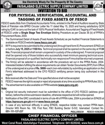 Faisalabad Electric Supply Company Limited Tender Notice